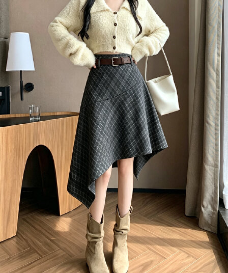 실사 레트로 체크무늬 불규칙 반신 스커트 여성 2026 가을 새로운 하이웨이스트 다용도 한 마디 중간 길이 치마