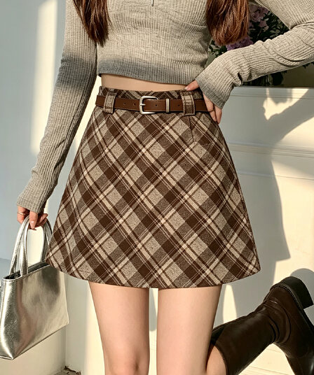 실사 가을 겨울 새로운 한국 스타일 모직 레트로 하이웨이스트 chic 보온 비스듬한 그리드 타이트 스커트 한 마디 반신 스커트 보내기 벨트