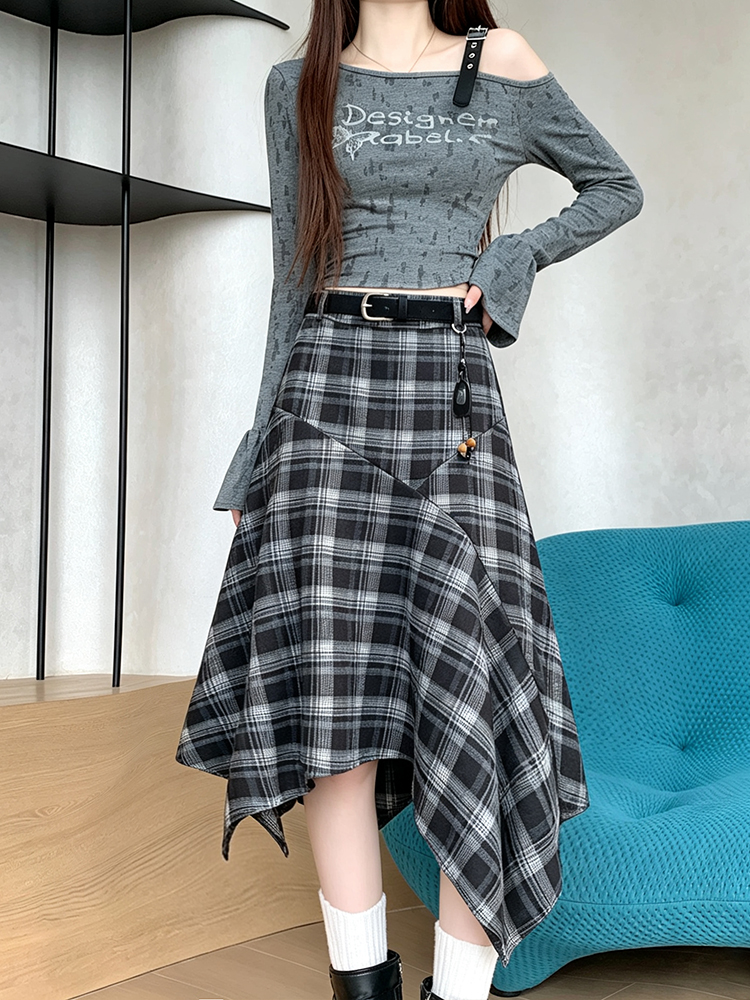 复古格纹不规则半身裙女秋季新款高腰百搭A字中长款裙 服裝批發女裝批發服飾貨源
