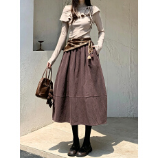 批发实拍文艺风松紧腰宽松A字<b class='q'>半身裙</b>女2026秋季<b class='q'>新款</b>拼接显瘦中长款裙