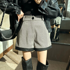 批发实拍毛呢短裤女秋2026新款a字休闲阔腿裤拼接pu皮设计感外穿靴裤