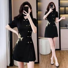 批发实拍大码女装夏季新款改良版旗袍年轻款少女刺袖国潮显瘦两件套