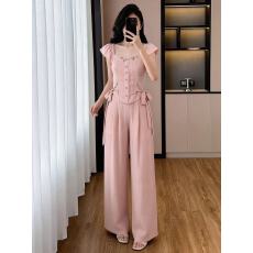 批发实拍<b class='q'>大码</b>新款夏季时尚气质显瘦收腰荷叶袖绑带衬衫阔腿裤两件套