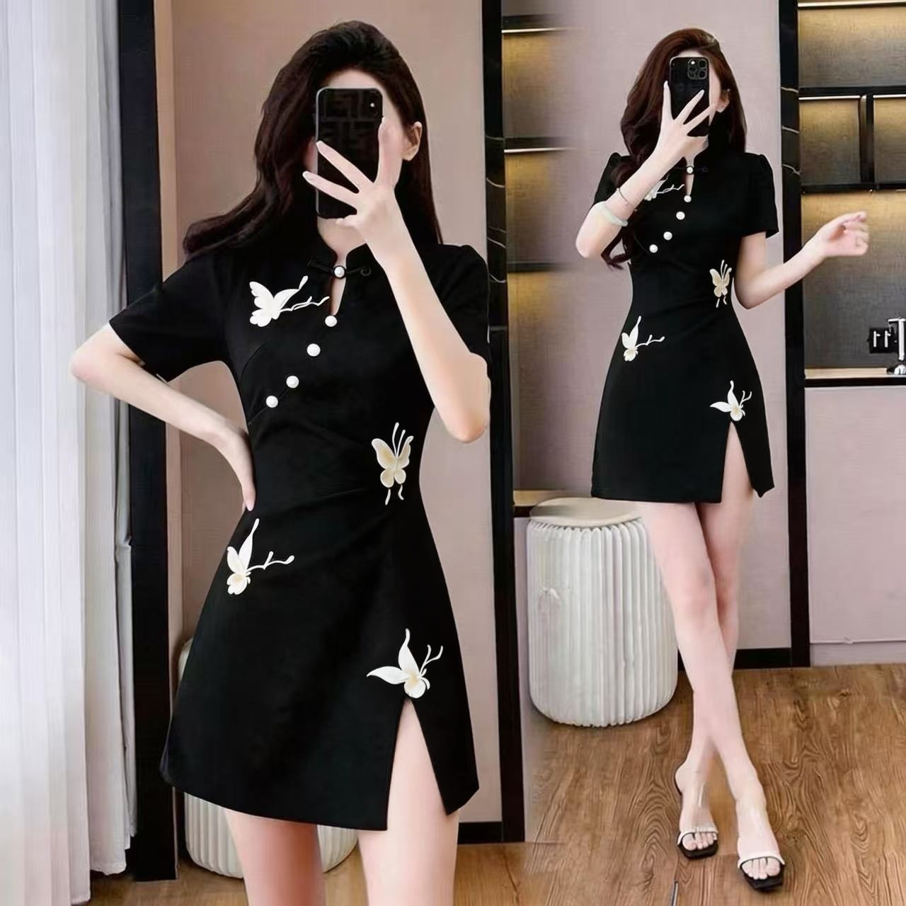 RY3110# 实拍大码新款夏季气质显瘦国潮复古旗袍风刺袖上衣+短裤两件套