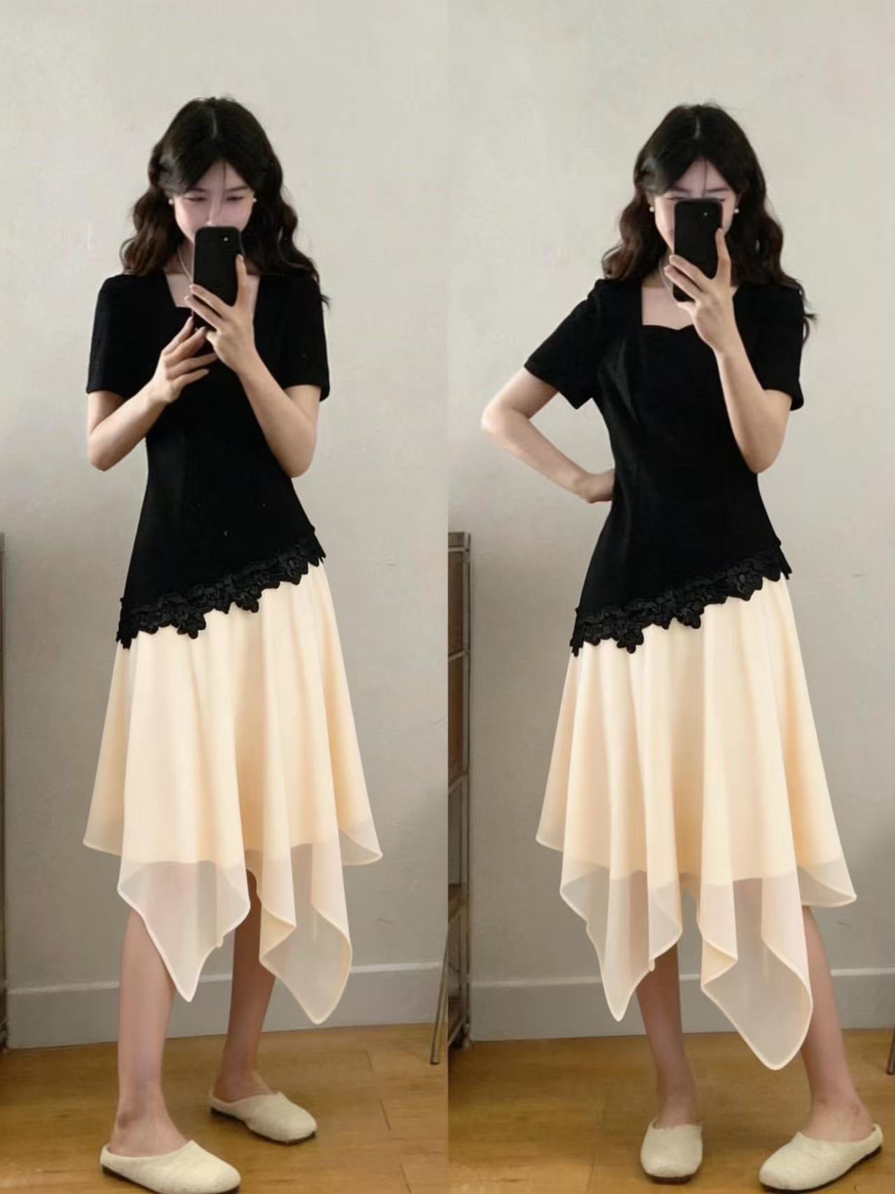 RY3108# 实拍大码新款夏季女装高级黑色方领正肩不规则气质显瘦连衣裙，