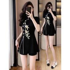 批发实拍大码新款夏季气质显瘦国潮复古旗袍风刺袖上衣+短裤两件套