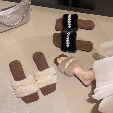 批发2025<b class='q'>秋</b>冬新款平底法式百搭毛毛鞋女棉拖鞋