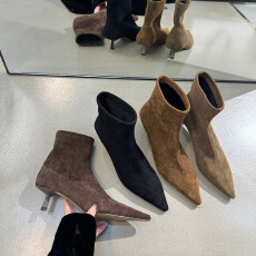 2025秋冬新款细跟加绒裸靴套筒弹力瘦瘦靴子女短靴货号