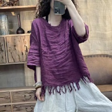 批发官图夏季新款棉麻毛边圆领短袖休闲衬衫宽松大码女