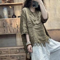 批发官图夏季新款棉麻毛边圆领短袖休闲衬衫宽松大码女