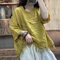 批发官图夏季新款棉麻毛边圆领短袖休闲衬衫宽松大码女