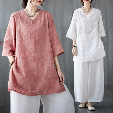 批发实拍2026夏季<b class='q'>新款</b>棉麻苎麻刺绣复古休闲中长款文艺上衣女