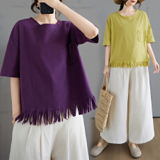 批发<b class='q'>实拍</b>2026夏季新款棉麻毛边圆领短袖休闲衬衫宽松<b class='q'>大码</b>女