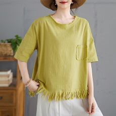 批发<b class='q'>实拍</b>2026夏季新款棉麻毛边圆领短袖休闲衬衫宽松<b class='q'>大码</b>女