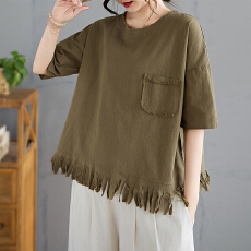 批发<b class='q'>实拍</b>2026夏季新款棉麻毛边圆领短袖休闲衬衫宽松<b class='q'>大码</b>女