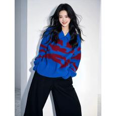 批发商场撤柜超好看内搭上衣宝蓝色撞色polo领宽松加厚针织毛衣女秋