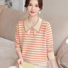 批发秋季<b class='q'>妈妈</b>装新款翻领针织宽松长袖毛衣<b class='q'>中老年</b>春秋季打底衫条纹上衣