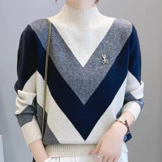 批发半高领毛衣女2024秋<b class='q'>冬</b>新款时尚宽松针织衫洋气加厚内搭拼色打底衫
