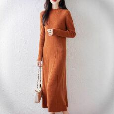 批发2025秋冬新款气质<b class='q'>高端</b>羊毛针织<b class='q'>连衣裙</b>女长款过膝打底毛衣裙