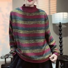 批发文艺复古长袖毛衣女中老年<b class='q'>妈妈装</b>百搭半高领套头条纹针织宽松内搭