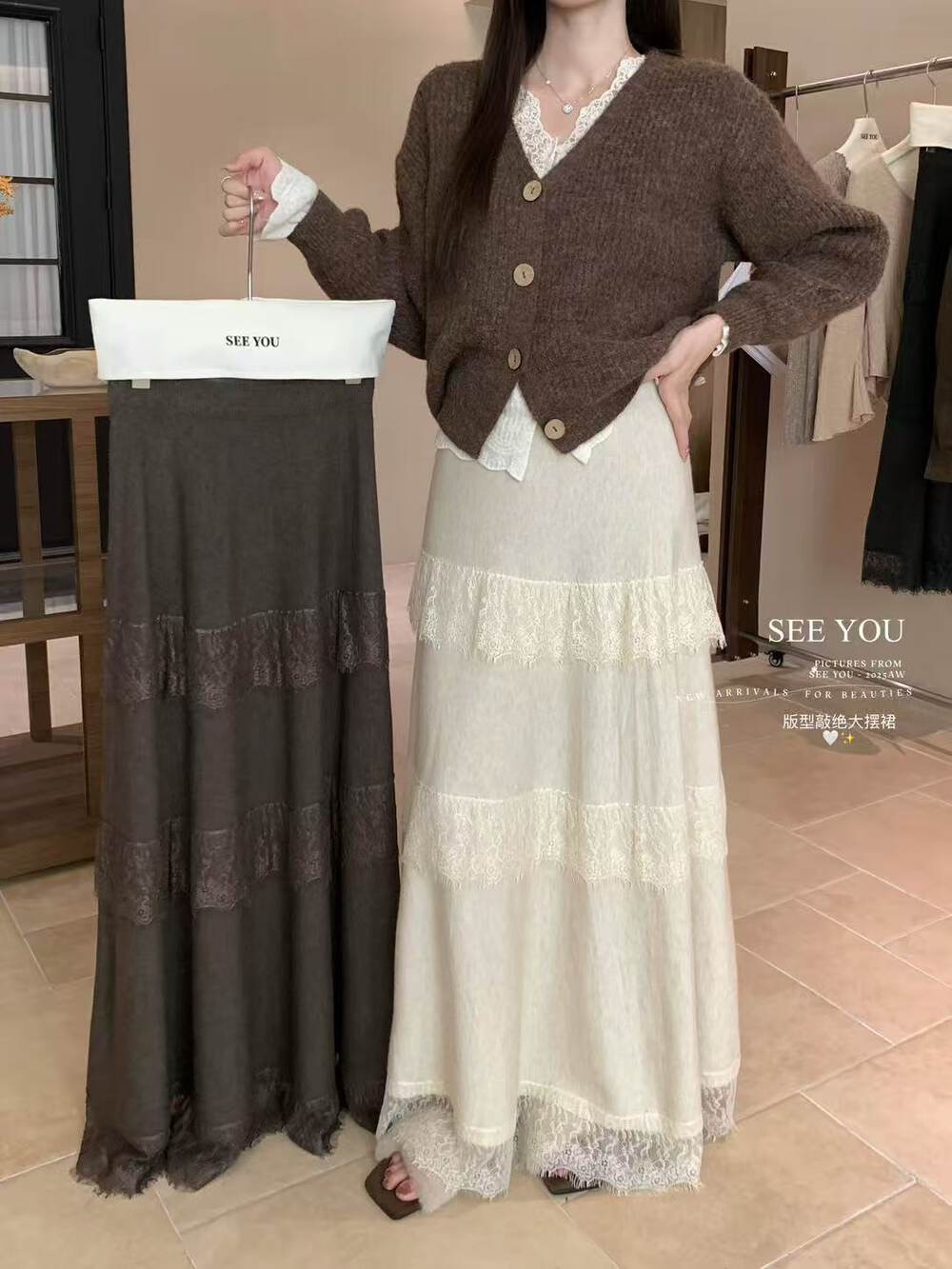 가을 겨울 한 표준 미니멀리즘 절묘한 품격 레이스 조각 니트 반신 스커트 캐주얼 하이웨이스트 단색 A라인 스커트