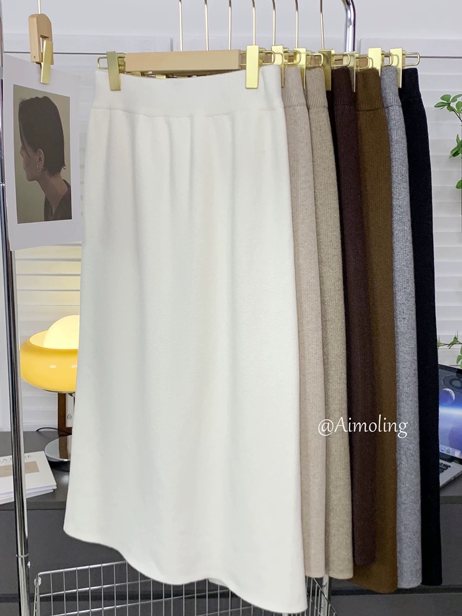 가을 겨울 프랑스식 고급 센스 품격 하이웨이스트 털이 있는 니트 반신 스커트 여성 모직 타이트 스커트 스트레이트 한 마디 롱 스커트