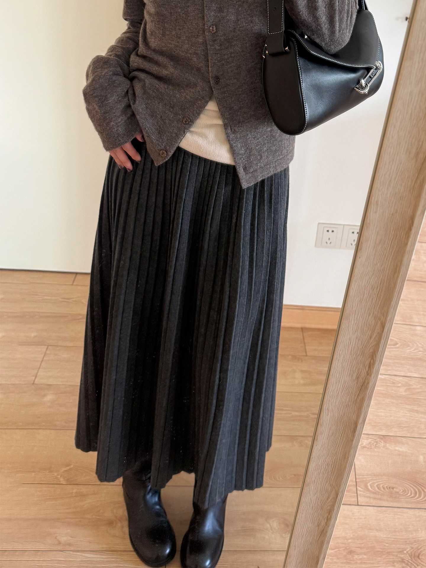 핏 스타일 슈퍼 긍정적 인 ~ 중 회색 니트 플리츠 스커트 여성 가을 겨울 한 부서 다용도 포함 양모 반신 스커트