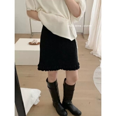 批发2025秋季新款韩版百搭高腰<b class='q'>显瘦</b>A字半身裙羊毛针织包裙花边裙