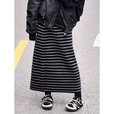 批发高端定制大码黑灰条纹半身裙女2025秋冬新款加厚休闲风宽松a字裙