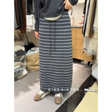 批发韩系慵懒风经典条纹抽绳高腰简约遮胯显瘦长款针织半身裙秋冬新款
