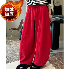 批发加绒加厚2025冬季新款韩版抽绳高腰百搭显瘦阔腿气球裤女弯刀长裤