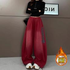 批发加绒加厚2025年复古洗水男女同款重工字母印花阔腿休闲裤