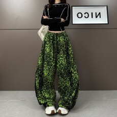 批发2026春季新款时尚豹纹潮酷拼条设计阔腿弯刀休闲裤