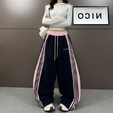 批发2026年春季新款拼色设计拼条刺绣韩版阔腿<b class='q'>休闲</b>裤