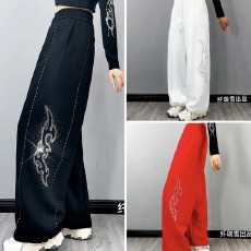 批发2026春季新款SHI.CHAO.KANG.曳舞闪钻休闲裤显瘦长裤微弹阔腿裤