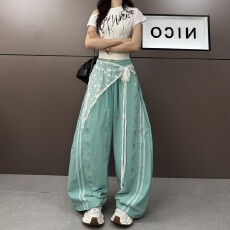 批发2026年时尚蕾丝屁帘设计拼接刺绣甜酷韩版显瘦休闲裤