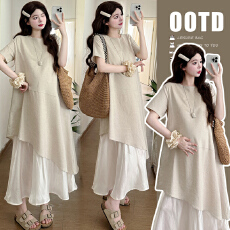 现实拍夏季亚麻假两件简约风不规则下摆拼接孕妇短袖连衣裙