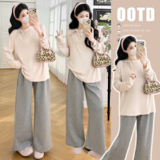 批发2026实拍新款慵懒风蝴蝶结领长袖打底搭灰色宽松阔腿长款套装