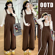 批发2026新款孕妇套装春秋时尚外穿大码宽松背带裤＋<b class='q'>百搭</b>V领针织衫套