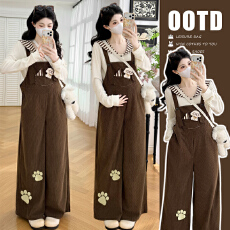 批发2026实拍新款孕妇套装甜美减龄咖色灯芯绒背带裤搭拼接翻领长袖