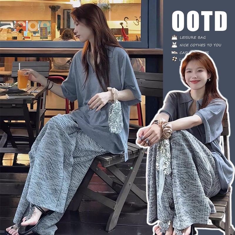 2026 새로운 여름 게으른 ootd 착용 가져 가라. 세트 완료 한 부서 느슨함 센스 회색 티셔츠 와이드 레그 팬츠 세트
