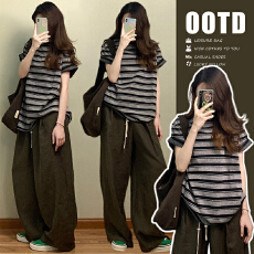 批发日系慵懒风套<b class='q'>装</b>夏季复古松弛感<b class='q'>宽松</b>条纹短袖长<b class='q'>裤</b>休闲两件套