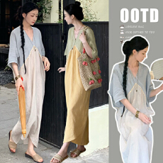 批发新款实拍出货中 新中式慵懒V领连衣裙显瘦宽松长款亚麻裙