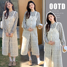 批发现实拍新款法式<b class='q'>蕾丝</b>罩衫叠穿衬衣裙孕妇套装高级感减龄背带裙套装