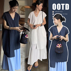 批发现 宽松V领飞袖小衫+显瘦气质吊带裙长裙叠穿孕妇两件套