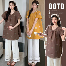 批发大量現货实拍重工短袖A字宽松小衫搭刺绣钩花镂空直筒抽绳<b class='q'>休闲</b>裤