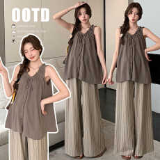 批发实拍現货新款孕<b class='q'>休闲</b>风套装系带宽松吊带背心条纹显瘦阔腿裤