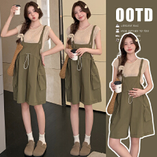 批发实拍現货新款背带裤套装无袖针织背心+绿色抽绳背带裤减龄两件套