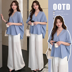 批发实拍現货新款高品亚麻棉宽松V领蝙蝠袖短袖搭轻盈松弛阔腿裤套