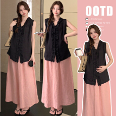 批发实拍現货孕妇正反两穿木耳边娃娃衫百搭V领无袖衫搭粉色抽绳裙